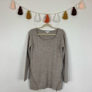 New York & Company Tan Marled Knit Zipper Hem Sweater Medium